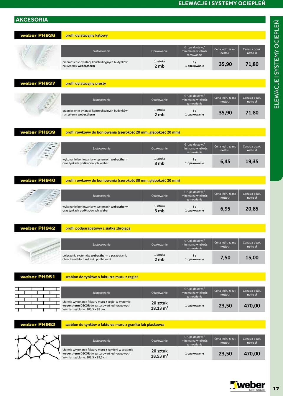 za mb Z / 1 35,90 71,80 ELEWACJE I SYSTEMY OCIEPLEŃ weber PH939 profil rowkowy do boniowania (szerokość 20 mm, głębokość 20 mm) Zastosowanie Cena jedn. za mb wykonanie boniowania w systemach weber.