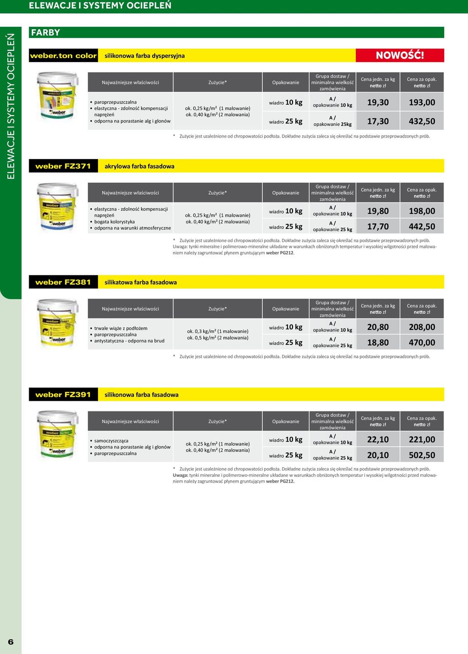 fasadowa ok. 0,/m² (1 malowanie) ok. 0,40 kg/m² (2 malowania) wiadro 10 kg wiadro NOWOŚĆ! A / 10 kg 19,30 193,00 A / 25kg 17,30 432,50 * Zużycie jest uzależnione od chropowatości podłoża.