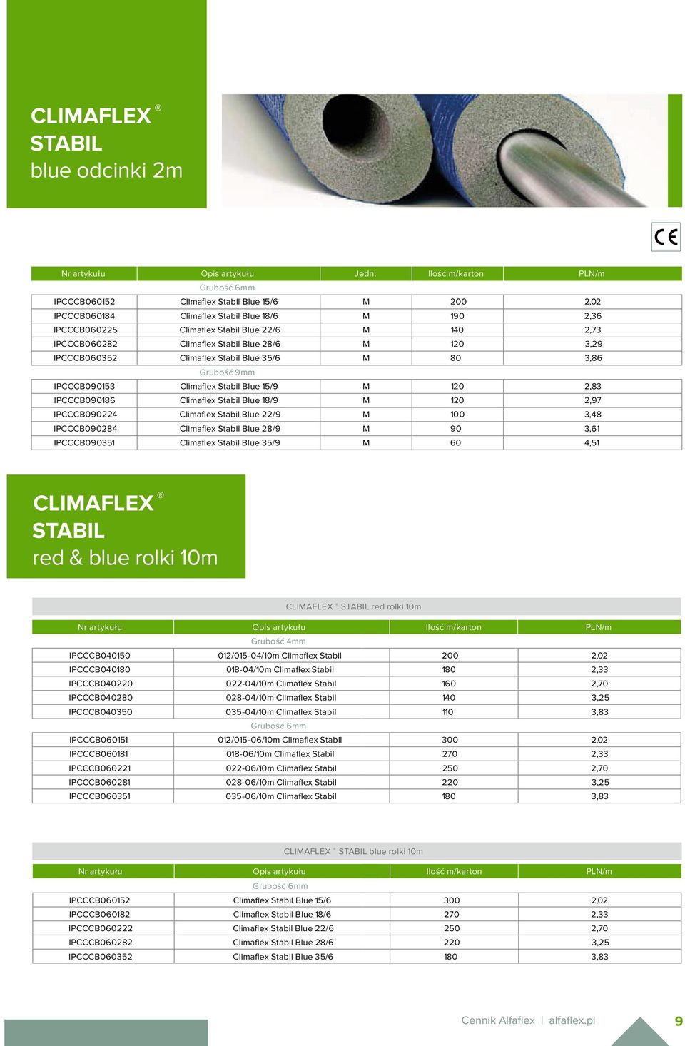 Climaflex Stabil Blue 28/6 120 3,29 IPCCCB060352 Climaflex Stabil Blue 35/6 80 3,86 Grubość 9 IPCCCB090153 Climaflex Stabil Blue 15/9 120 2,83 IPCCCB090186 Climaflex Stabil Blue 18/9 120 2,97