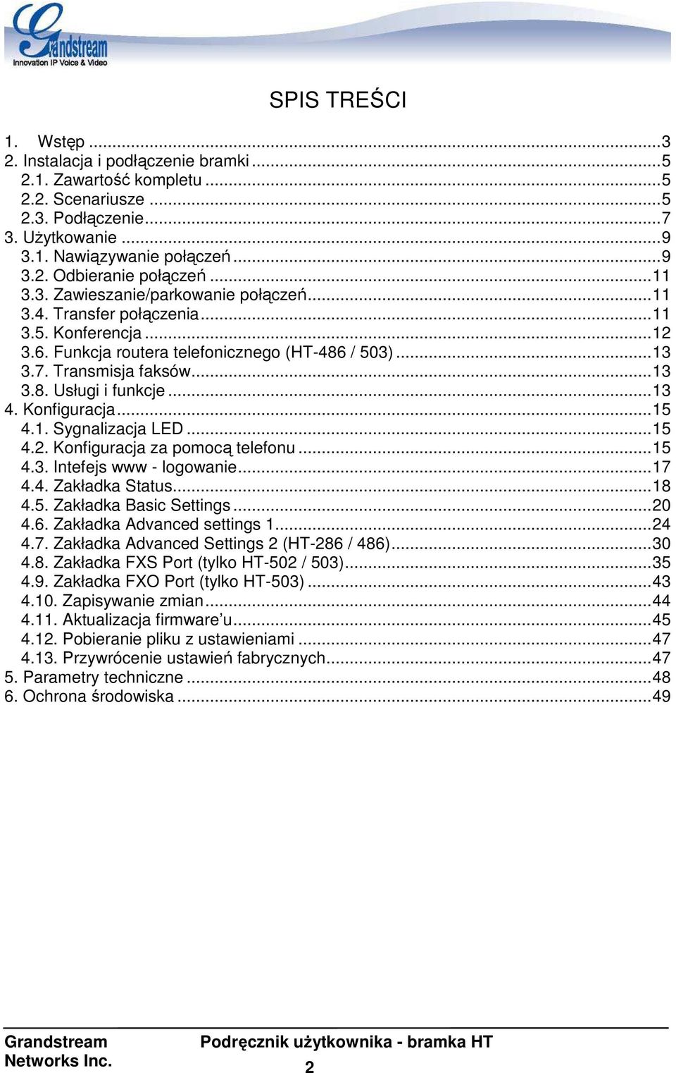 ..13 4. Konfiguracja...15 4.1. Sygnalizacja LED...15 4.2. Konfiguracja za pomocą telefonu...15 4.3. Intefejs www - logowanie...17 4.4. Zakładka Status...18 4.5. Zakładka Basic Settings...20 4.6.