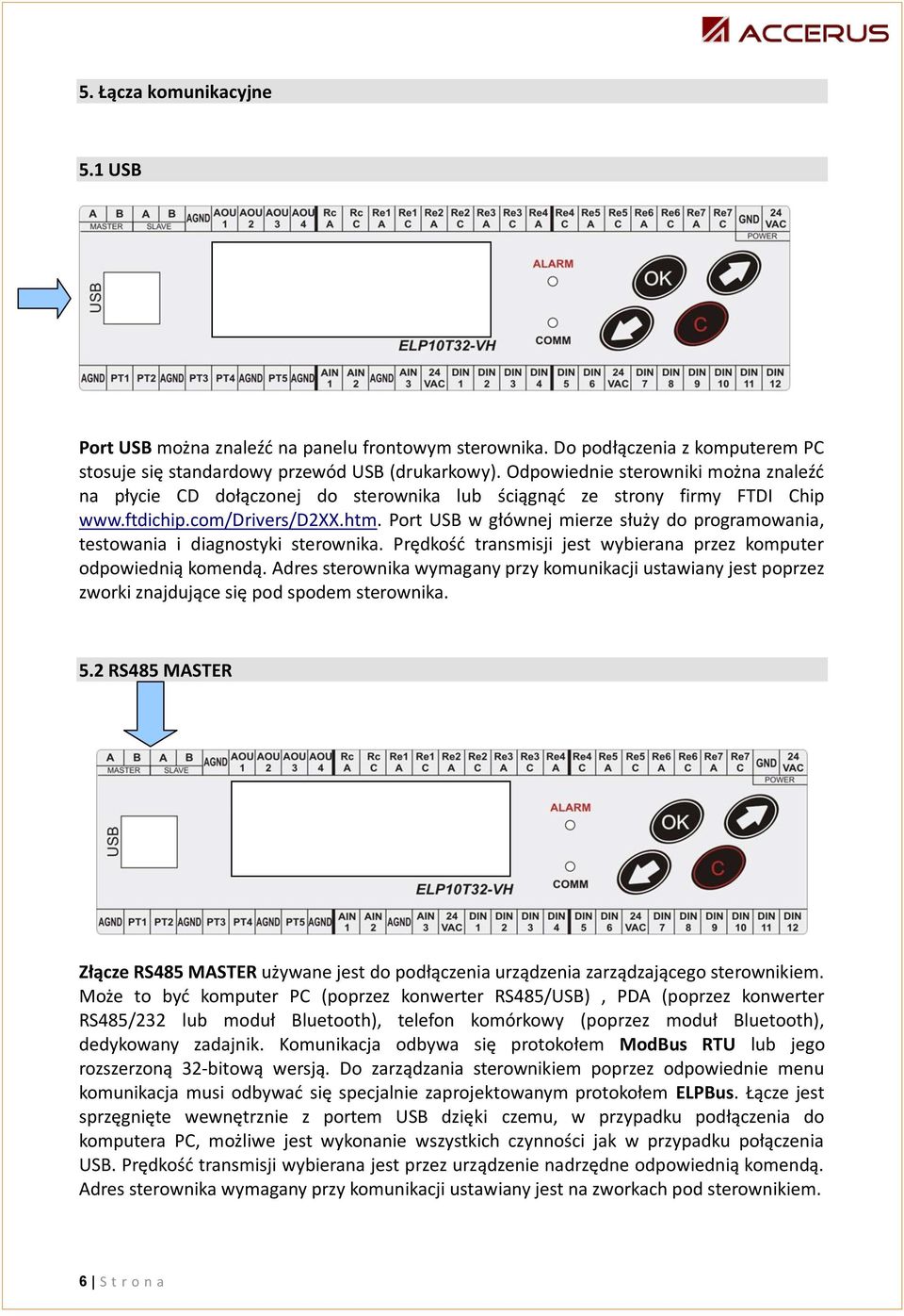 Port USB w głównej mierze służy do progrmowni, testowni i dignostyki sterownik. Prędkośd trnsmisji jest wybiern przez komputer odpowiednią komendą.