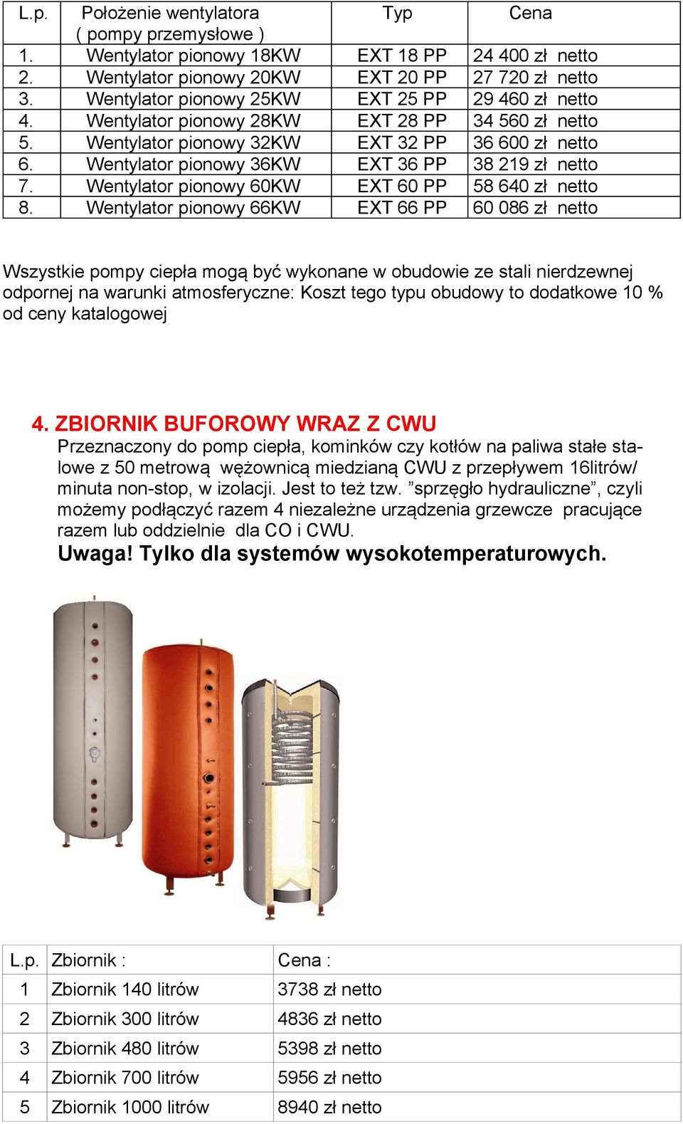 Wentylator pionowy 36KW EXT 36 PP 38 219 zł netto 7. Wentylator pionowy 60KW EXT 60 PP 58 640 zł netto 8.