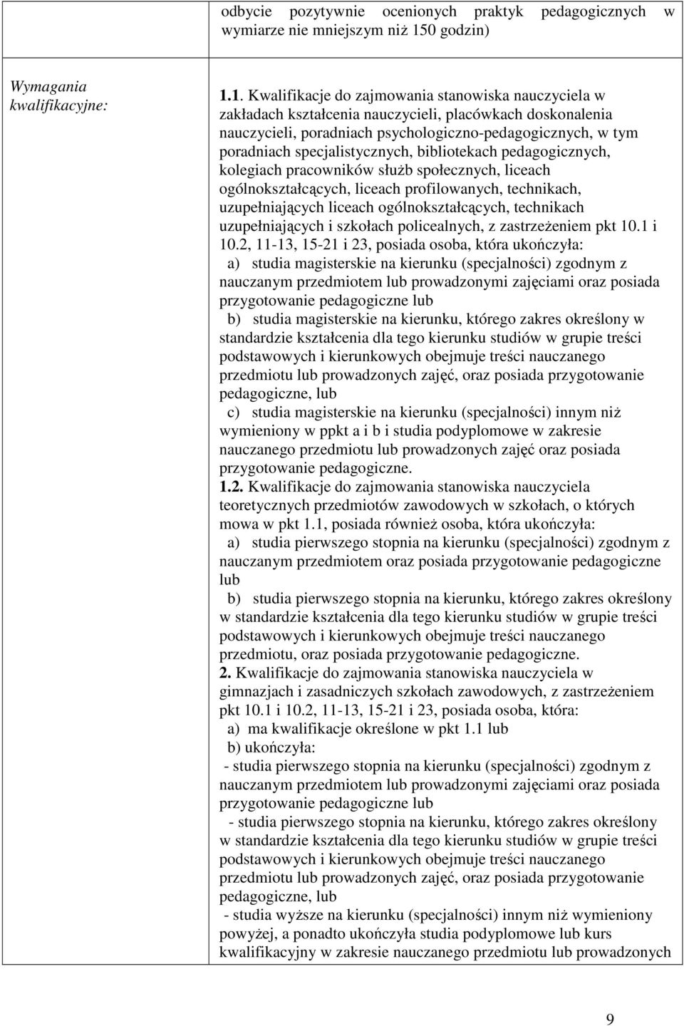 1. Kwalifikacje do zajmowania stanowiska nauczyciela w zakładach kształcenia nauczycieli, placówkach doskonalenia nauczycieli, poradniach psychologiczno-pedagogicznych, w tym poradniach