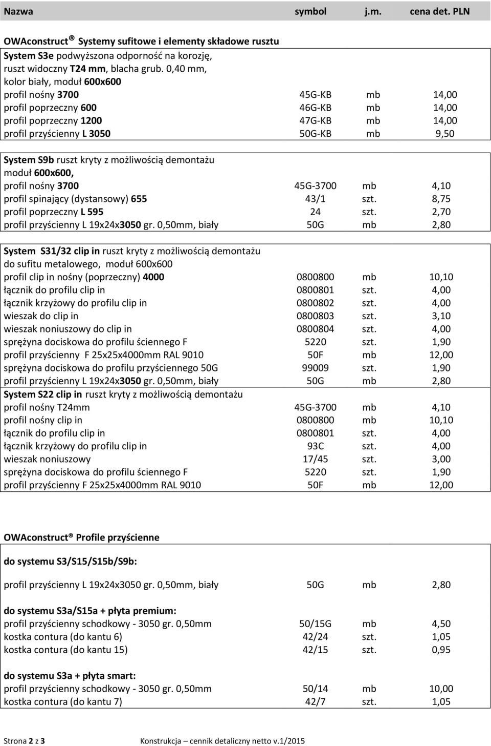 demontażu moduł 600x600, profil nośny 3700 45G-3700 mb 4,10 profil spinający (dystansowy) 655 43/1 szt. 8,75 profil poprzeczny L 595 24 szt. 2,70 profil przyścienny L 19x24x3050 gr.