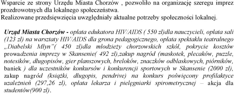 Urząd Miasta Chorzów - opłata edukatora HIV/AIDS ( 550 zł)dla nauczycieli, opłata sali (123 zł) na warsztaty HIV/AIDS dla grona pedagogicznego, opłata spektaklu teatralnego Diabelski Młyn ( 450
