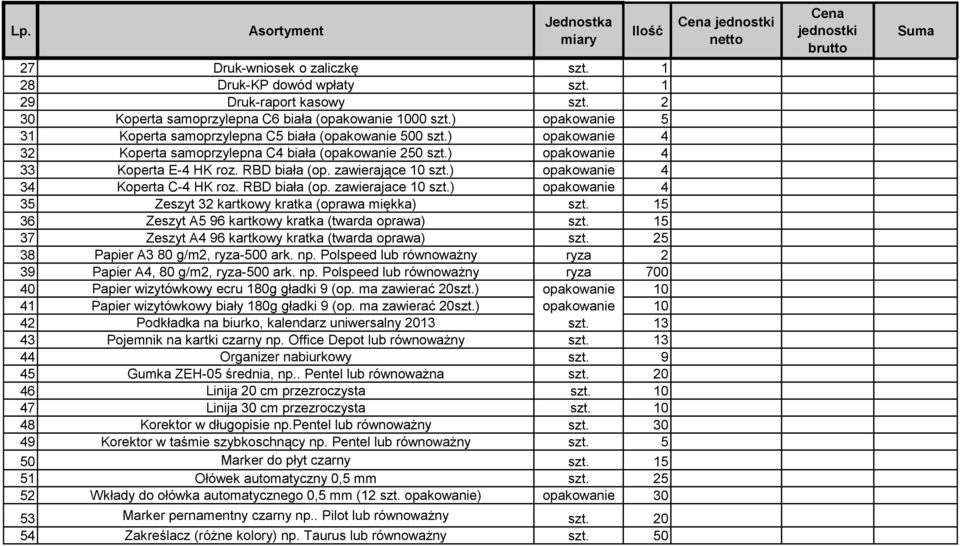 zawierające 10 szt.) opakowanie 4 34 Koperta C-4 HK roz. RBD biała (op. zawierajace 10 szt.) opakowanie 4 35 Zeszyt 32 kartkowy kratka (oprawa miękka) szt.