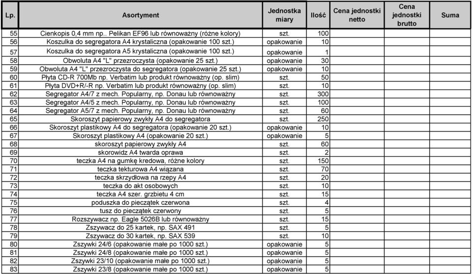 ) opakowanie 30 59 Obwoluta A4 "L" przezroczysta do segregatora (opakowanie 25 szt.) opakowanie 10 60 Płyta CD-R 700Mb np. Verbatim lub produkt równoważny (op. slim) szt. 50 61 Płyta DVD+R/-R np.
