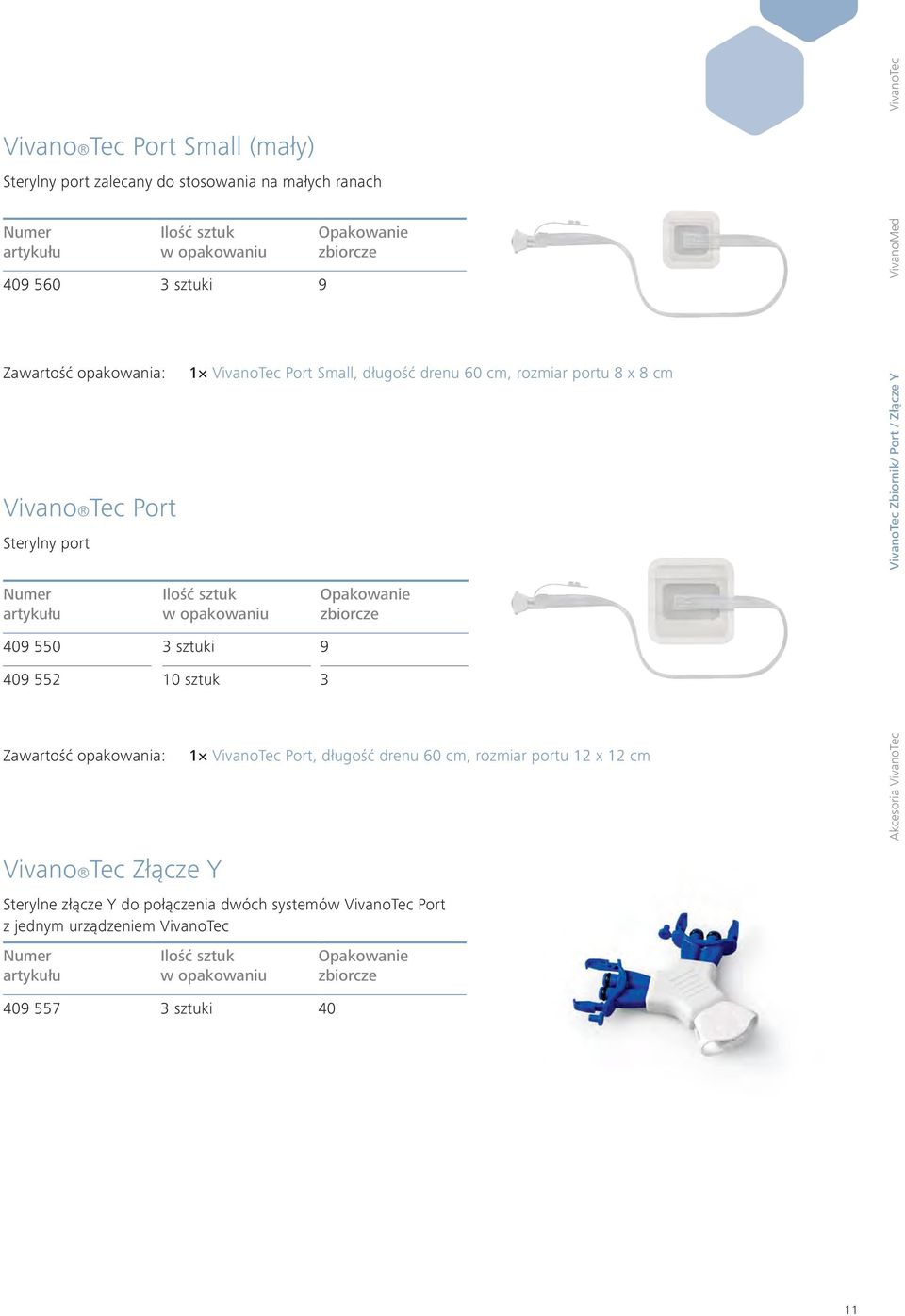 rozmiar portu 8 x 8 cm 1 VivanoTec Port, długość drenu 60 cm, rozmiar portu 12 x 12 cm Sterylne złącze Y do połączenia dwóch systemów