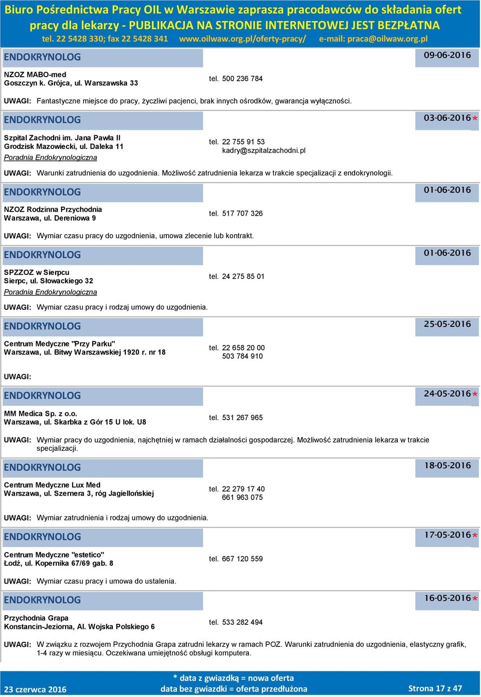 pl UWAGI: Warunki zatrudnienia do uzgodnienia. Możliwość zatrudnienia lekarza w trakcie specjalizacji z endokrynologii. ENDOKRYNOLOG 01-06-2016 NZOZ Rodzinna Przychodnia Warszawa, ul. Dereniowa 9 tel.