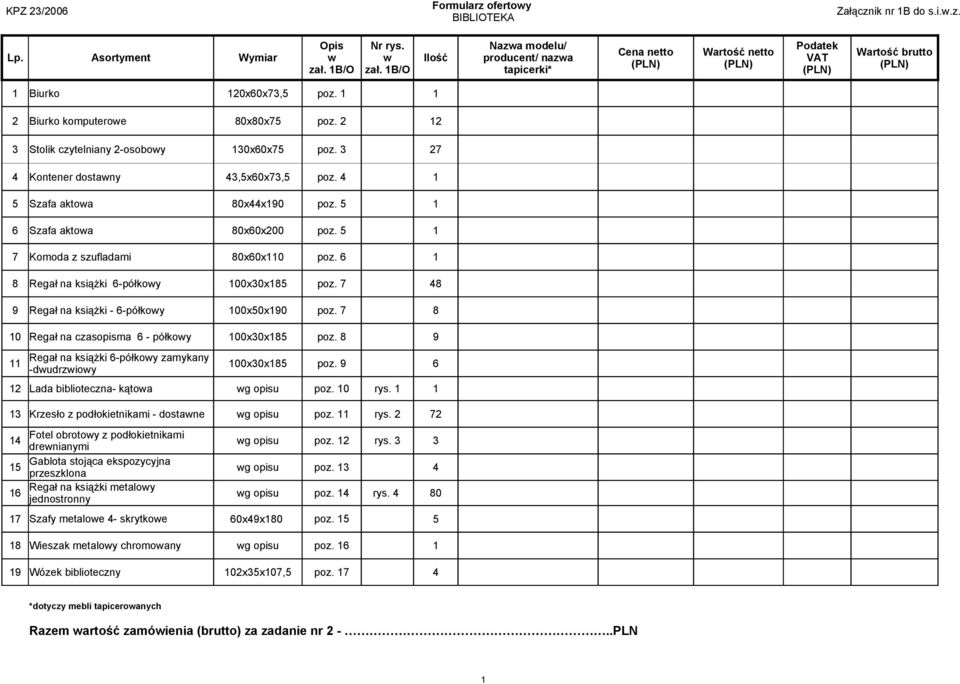 Kontener dostawny,x0x, poz. Szafa aktowa 0xx90 poz. Szafa aktowa 0x0x00 poz. Komoda z szufladami 0x0x0 poz. Regał na książki -półkowy 00x0x poz. 9 Regał na książki - -półkowy 00x0x90 poz.