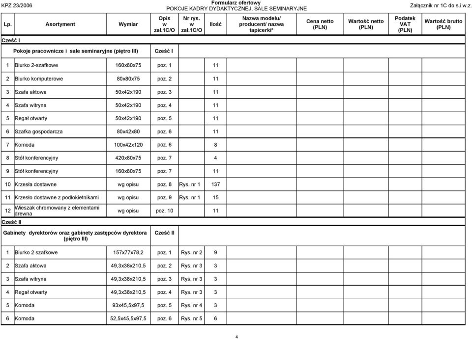 Biurko komputerowe 0x0x poz. Szafa aktowa 0xx90 poz. Szafa witryna 0xx90 poz. Regał otwarty 0xx90 poz. Szafka gospodarcza 0xx0 poz. Komoda 00xx0 poz. Stół konferencyjny 0x0x poz.