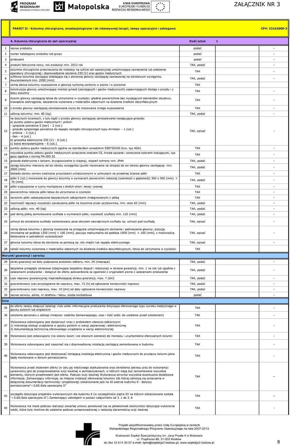 2012 rok kolumna chirurgiczna przeznaczona do instalacji na suficie sali operacyjnej umoŝliwiająca zawieszenie lub połoŝenie 5 aparatury chirurgicznej i doprowadzenie zasilania 230 [V] oraz gazów