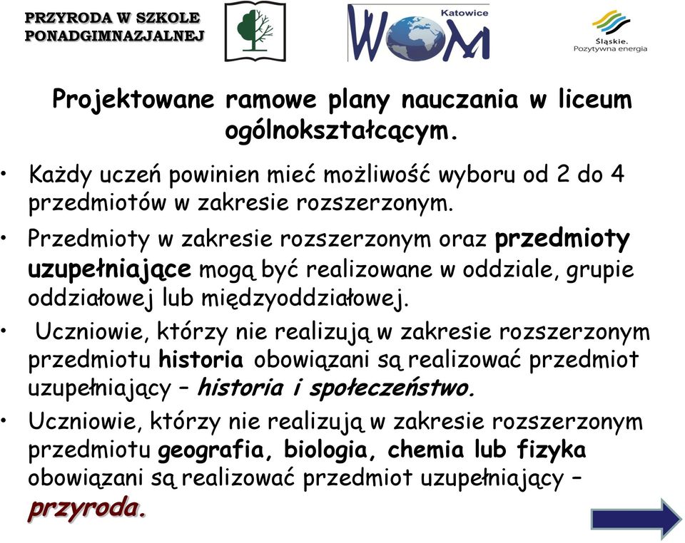 Uczniowie, którzy nie realizują w zakresie rozszerzonym przedmiotu historia obowiązani są realizować przedmiot uzupełniający historia i społeczeństwo.