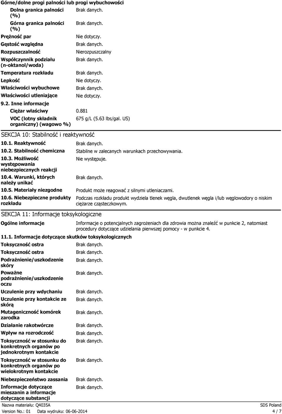 881 VOC (lotny składnik organiczny) (wagowo %) Nierozpuszczalny SEKCJA 10: Stabilność i reaktywność 675 g/l (5.63 lbs/gal. US) 10.1. Reaktywność 10.2.