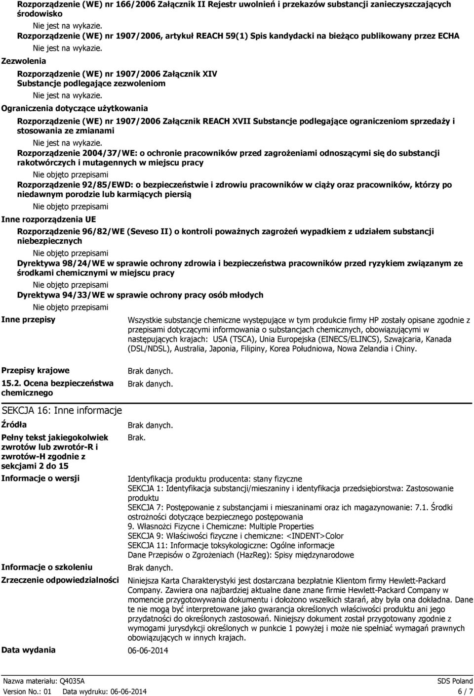 XVII Substancje podlegające ograniczeniom sprzedaży i stosowania ze zmianami Rozporządzenie 2004/37/WE: o ochronie pracowników przed zagrożeniami odnoszącymi się do substancji rakotwórczych i