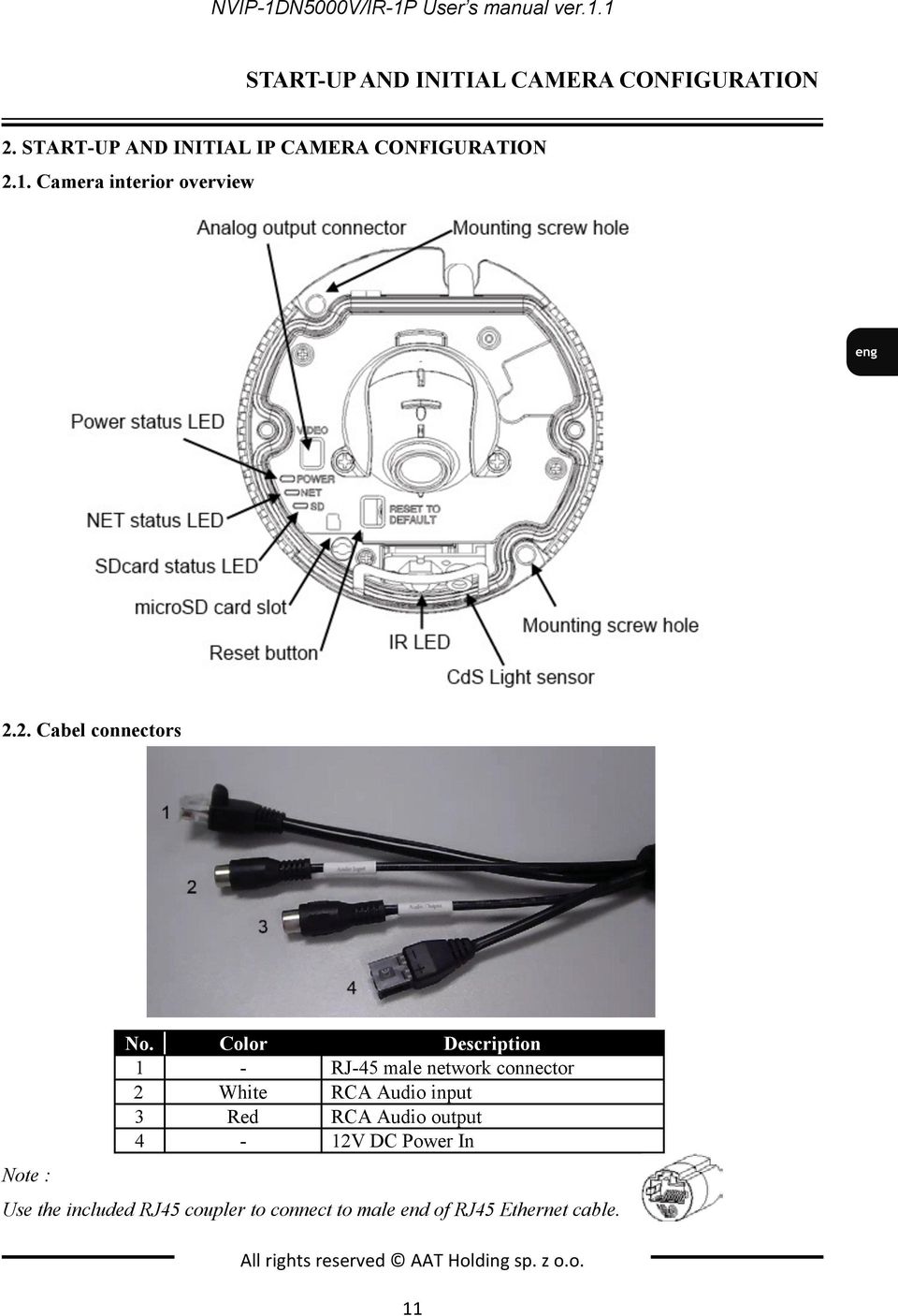 Color Description 1 - RJ-45 male network connector 2 White RCA Audio input 3 Red RCA Audio output 4-12V DC