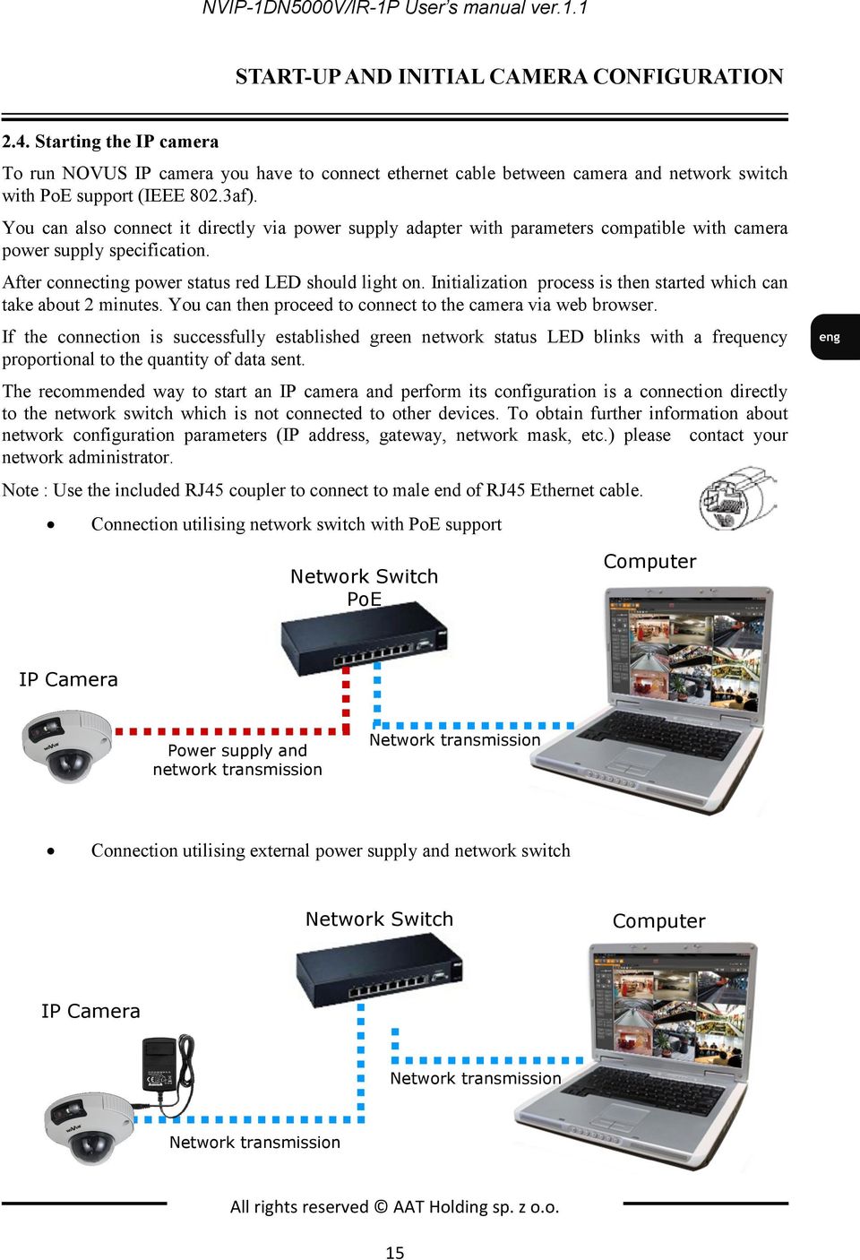 You can also connect it directly via power supply adapter with parameters compatible with camera power supply specification. After connecting power status red LED should light on.