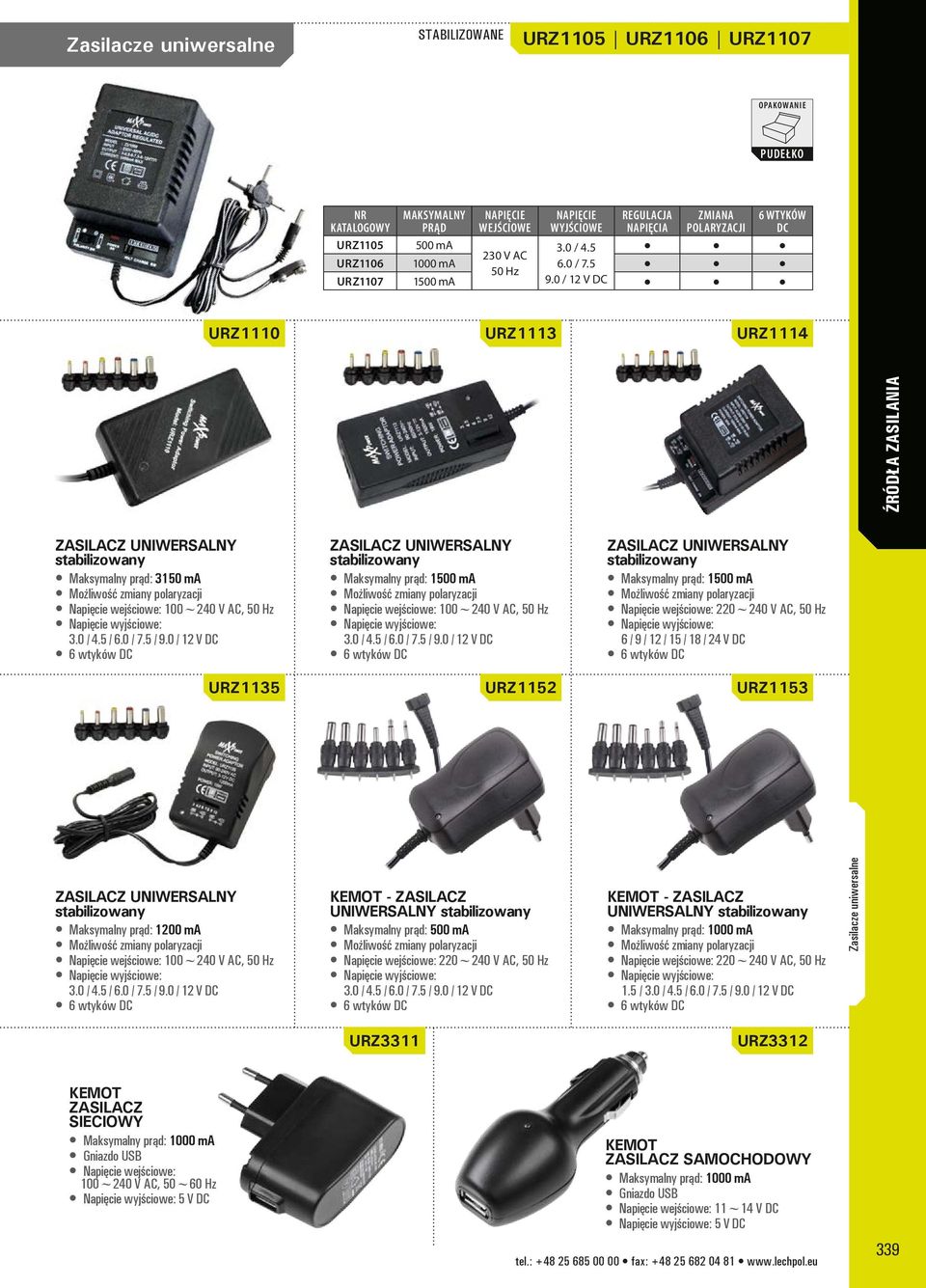 0 / 12 V DC URZ1110 URZ1113 URZ1114 Zasilacz uniwersalny stabilizowany Maksymalny prąd: 3150 ma Możliwość zmiany polaryzacji Napięcie wejściowe: 100~240 V AC, 50 Hz Napięcie wyjściowe: 3.0 / 4.5 / 6.