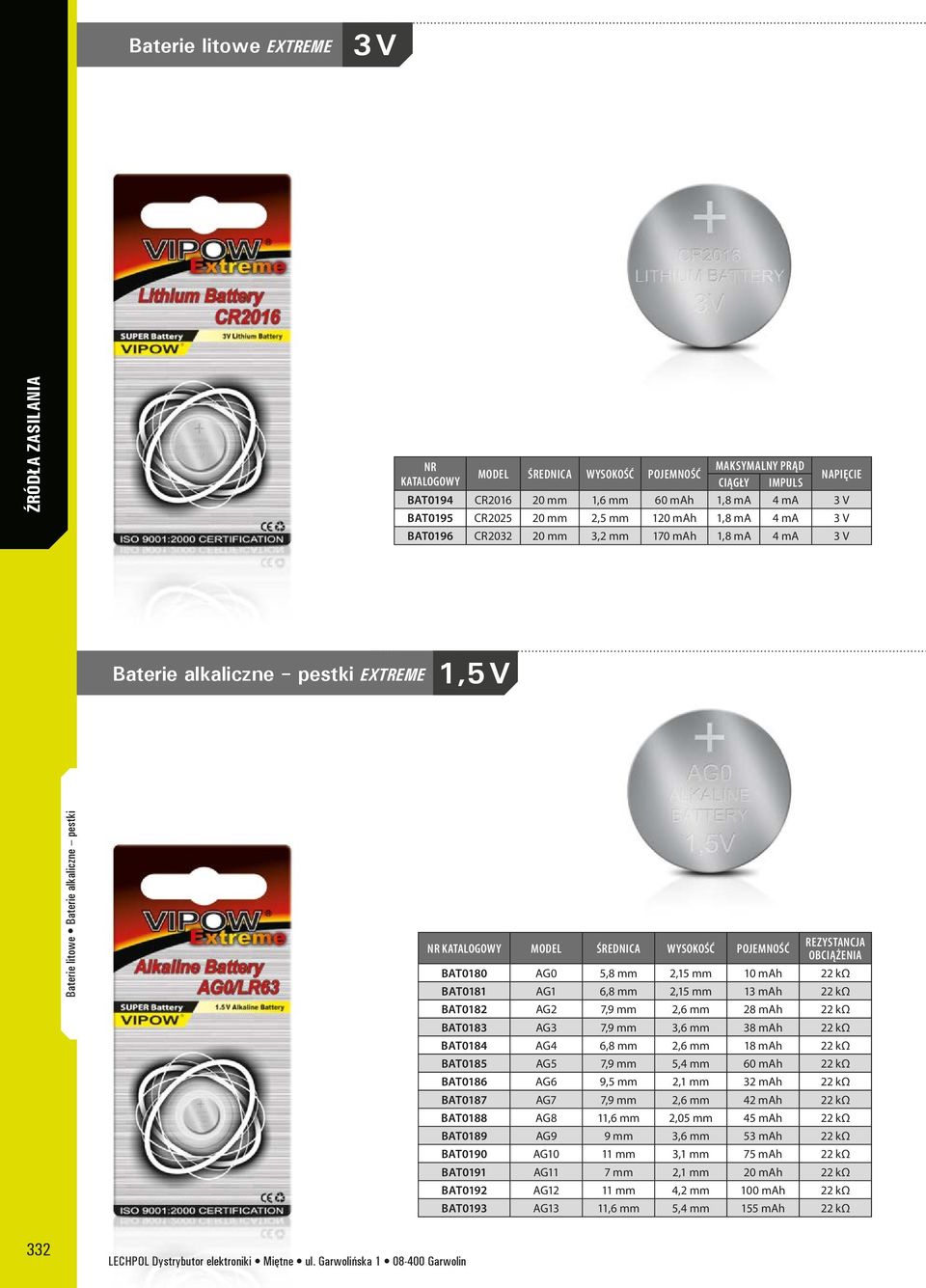 CR2032 20 mm 3,2 mm 170 mah 1,8 ma 4 ma 3 V Baterie alkaliczne pestki EXTREME 1,5 V.