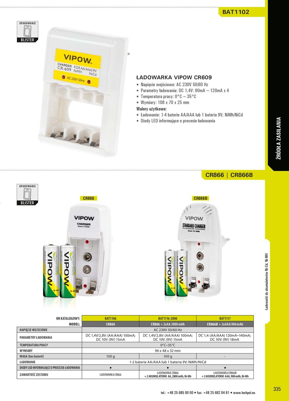 Parametry ładowania Temperatura pracy Wymiary Nr katalogowy: BAT1106 BAT1116-2000 BAT1117 MODEL: CR866 CR866 + 2xAA 2000 mah CR866B + 2xAAA 900 mah DC 1,4V/2,8V: (AA/AAA) 100mA; DC 10V: (9V) 15mA AC