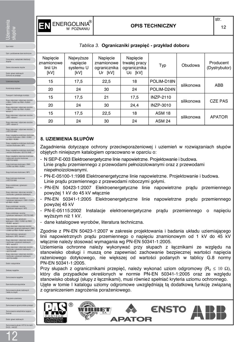 ogranicznika Uc [kv] Typ 5 7,5,5 8 POLM-D8N 0 4 30 4 POLM-D4N Obudowa Producent (Dystrybutor) silikonowa ABB z ON i OUN wariant z ON i OUN wariant 5 7,5 7,5 NZP-0 0 4 30 4,4 NZP-300 5 7,5,5 8 ASM 8 0