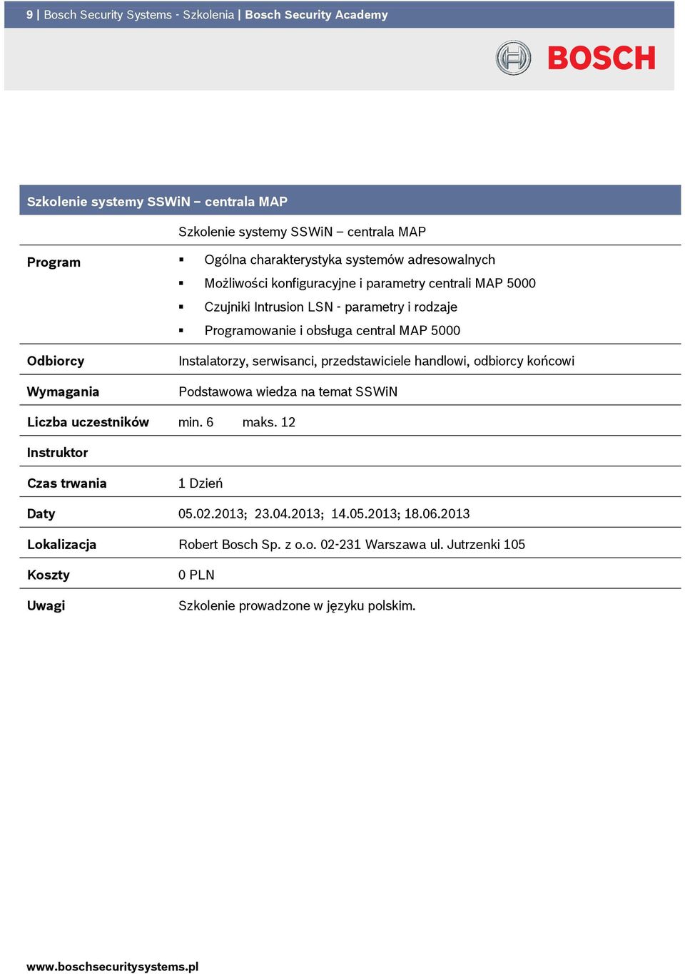 Programowanie i obsługa central MAP 5000 Instalatorzy, serwisanci, przedstawiciele handlowi, odbiorcy końcowi Podstawowa wiedza na temat SSWiN