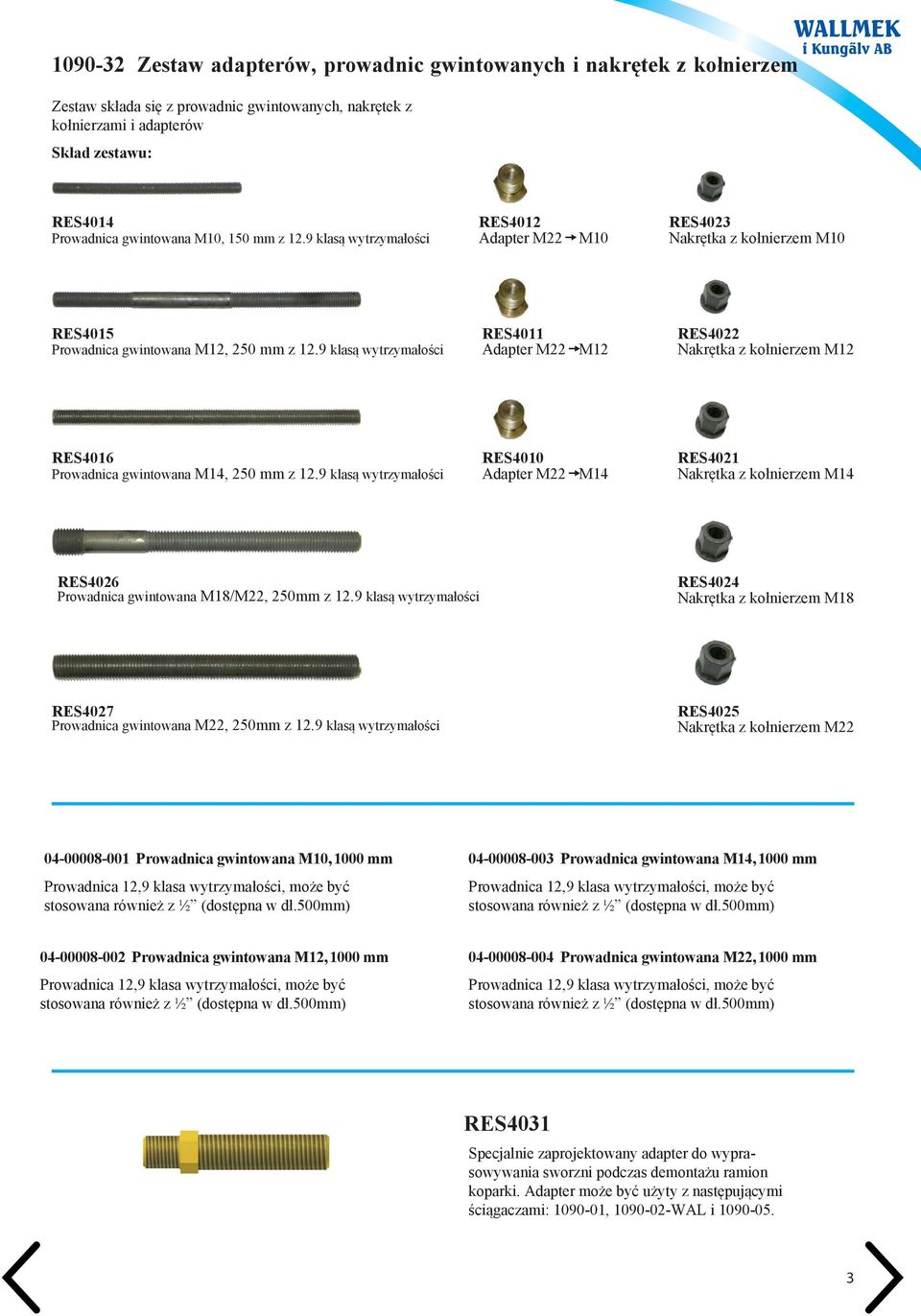 9 klasą wytrzymałości RES4011 Adapter M22 M12 RES4022 Nakrętka z kołnierzem M12 RES4016 Prowadnica gwintowana M14, 250 mm z 12.