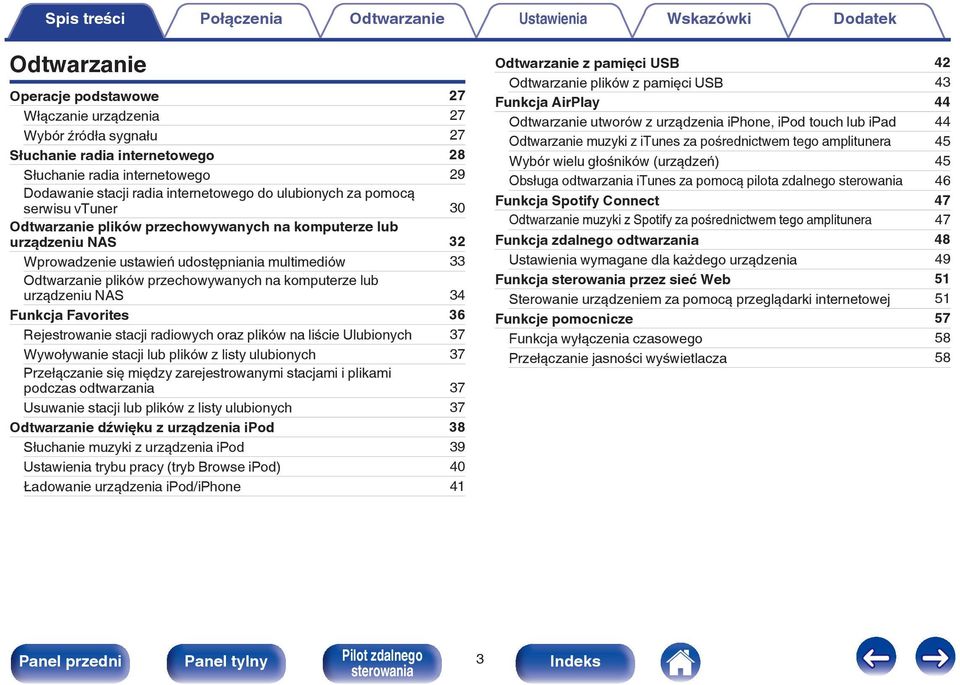 lub urządzeniu NAS 34 Funkcja Favorites 36 Rejestrowanie stacji radiowych oraz plików na liście Ulubionych 37 Wywoływanie stacji lub plików z listy ulubionych 37 Przełączanie się między