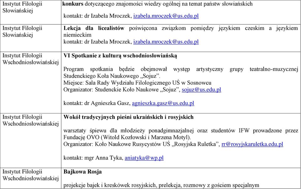 Miejsce: Sala Rady Wydziału Filologicznego UŚ w Sosnowcu Organizator: Studenckie Koło Naukowe Sojuz, sojuz@us.edu.