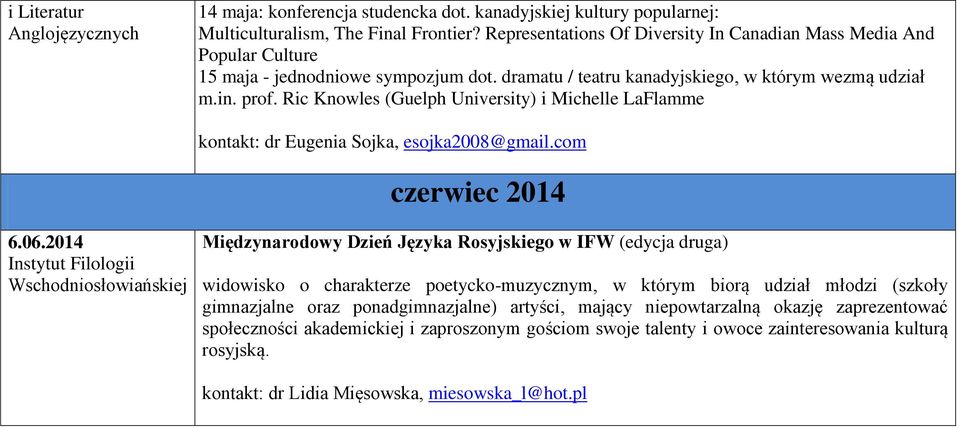 Ric Knowles (Guelph University) i Michelle LaFlamme kontakt: dr Eugenia Sojka, esojka2008@gmail.com czerwiec 2014 6.06.