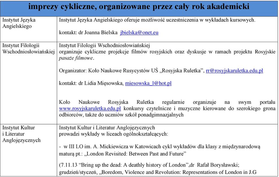 pl kontakt: dr Lidia Mięsowska, miesowska_l@hot.pl Koło Naukowe Rosyjska Ruletka regularnie organizuje na swym portalu www.rosyjskaruletka.edu.