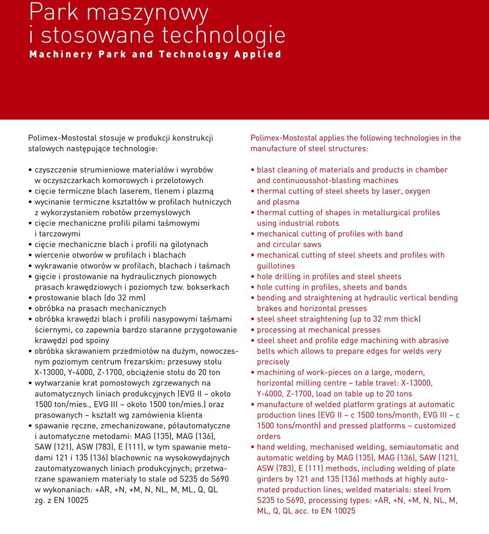 mechaniczne profili piłami taśmowymi i tarczowymi cięcie mechaniczne blach i profili na gilotynach wiercenie otworów w profilach i blachach wykrawanie otworów w profilach, blachach i taśmach gięcie i