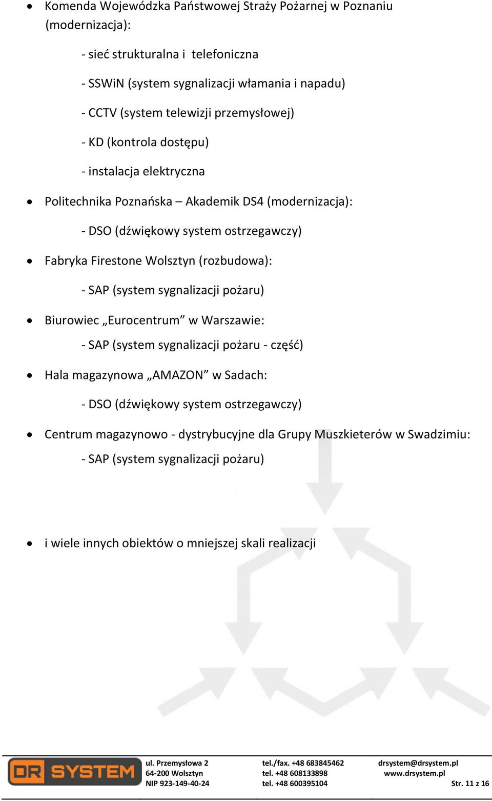 Eurocentrum w Warszawie: - SAP (system sygnalizacji pożaru - część) Hala magazynowa AMAZON w Sadach: - DSO (dźwiękowy system