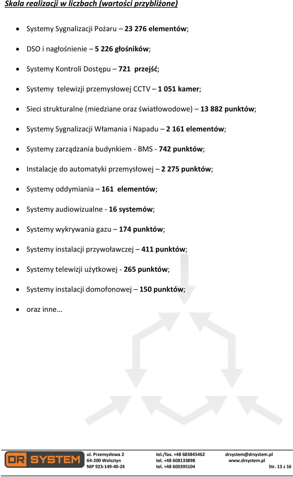 Systemy zarządzania budynkiem - BMS - 742 punktów; Instalacje do automatyki przemysłowej 2 275 punktów; Systemy oddymiania 161 elementów; Systemy audiowizualne - 16 systemów;