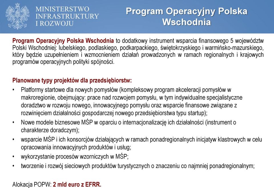 Planowane typy projektów dla przedsiębiorstw: Platformy startowe dla nowych pomysłów (kompleksowy program akceleracji pomysłów w makroregionie, obejmujący: prace nad rozwojem pomysłu, w tym