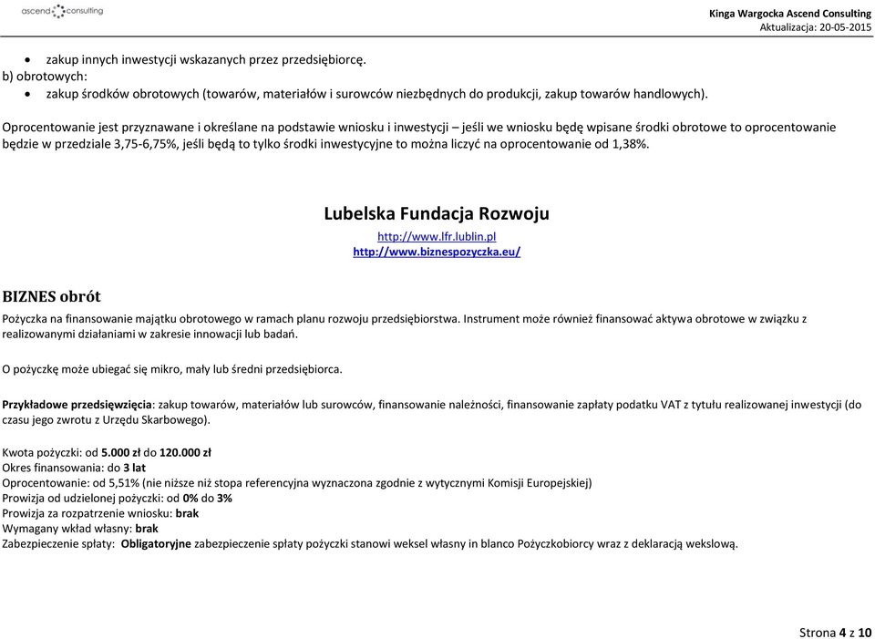 3,75-6,75%, jeśli będą to tylko środki inwestycyjne to można liczyć na oprocentowanie od 1,38%. Lubelska Fundacja Rozwoju http://www.lfr.lublin.pl http://www.biznespozyczka.