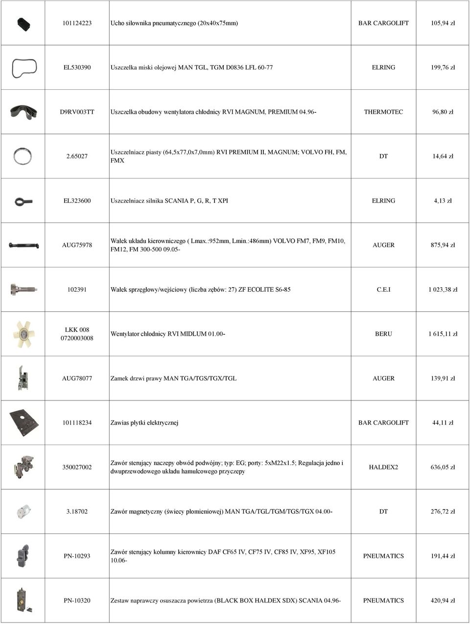 65027 Uszczelniacz piasty (64,5x77,0x7,0mm) RVI PREMIUM II, MAGNUM; VOLVO FH, FM, FMX DT 14,64 zł EL323600 Uszczelniacz silnika SCANIA P, G, R, T XPI ELRING 4,13 zł AUG75978 Wałek układu