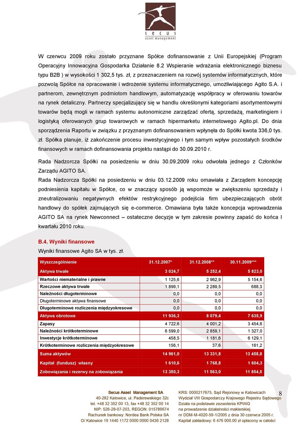 zł, z przeznaczeniem na rozwój systemów informatycznych, które pozwolą Spółce na opracowanie i wdrożenie systemu informatycznego, umożliwiającego Ag