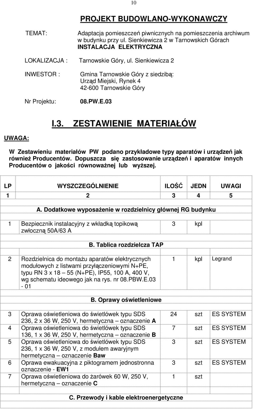 Sienkiewicza INWESTOR : Nr Projektu: Gmina Tarnowskie Góry z siedzibą: Urząd Miejski, Rynek 4 4-600 Tarnowskie Góry 08.PW.E.03 