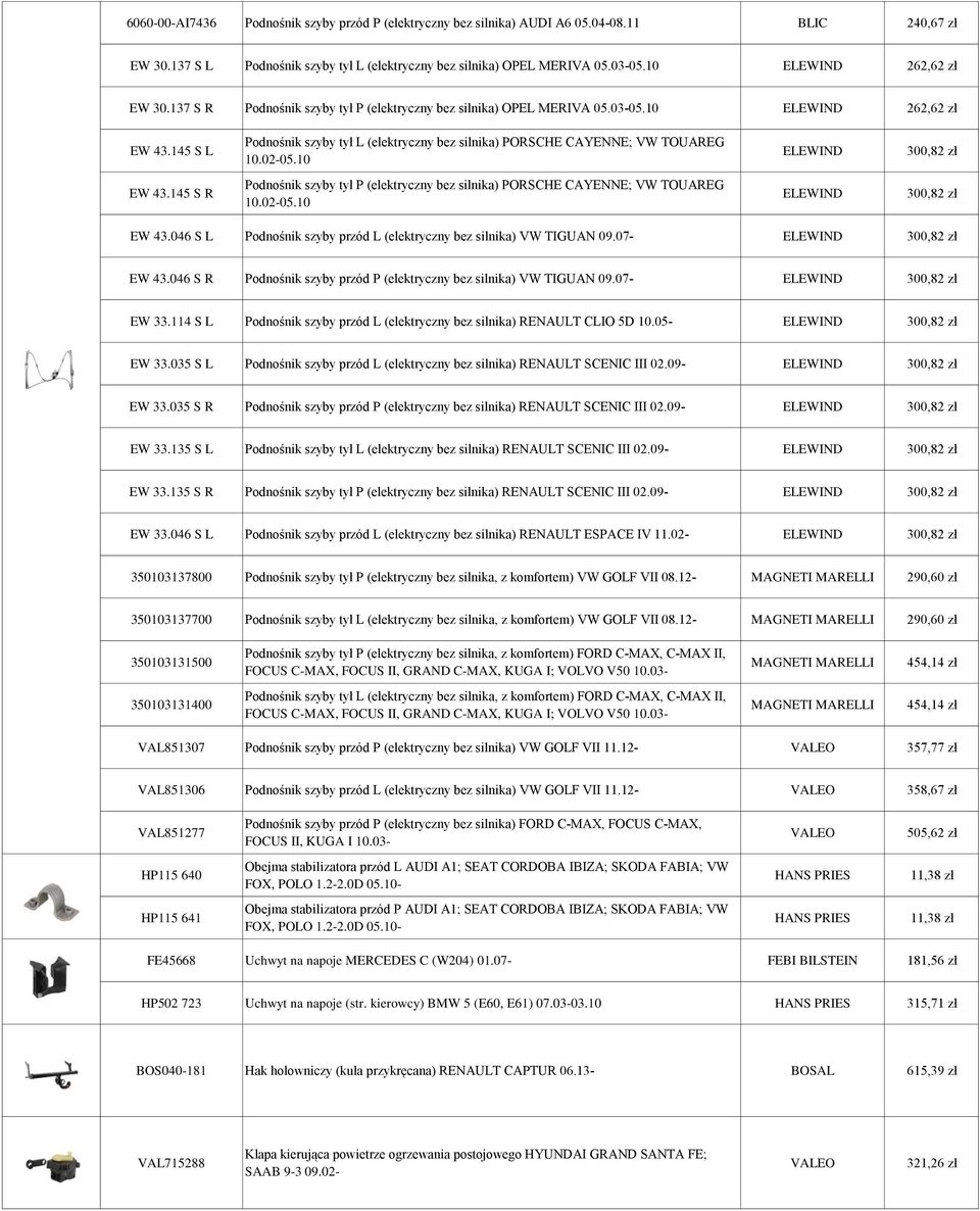 10 300,82 zł EW 43.145 S R Podnośnik szyby tył P (elektryczny bez silnika) PORSCHE CAYENNE; VW TOUAREG 10.02-05.10 300,82 zł EW 43.046 S L Podnośnik szyby przód L (elektryczny bez silnika) VW TIGUAN 09.