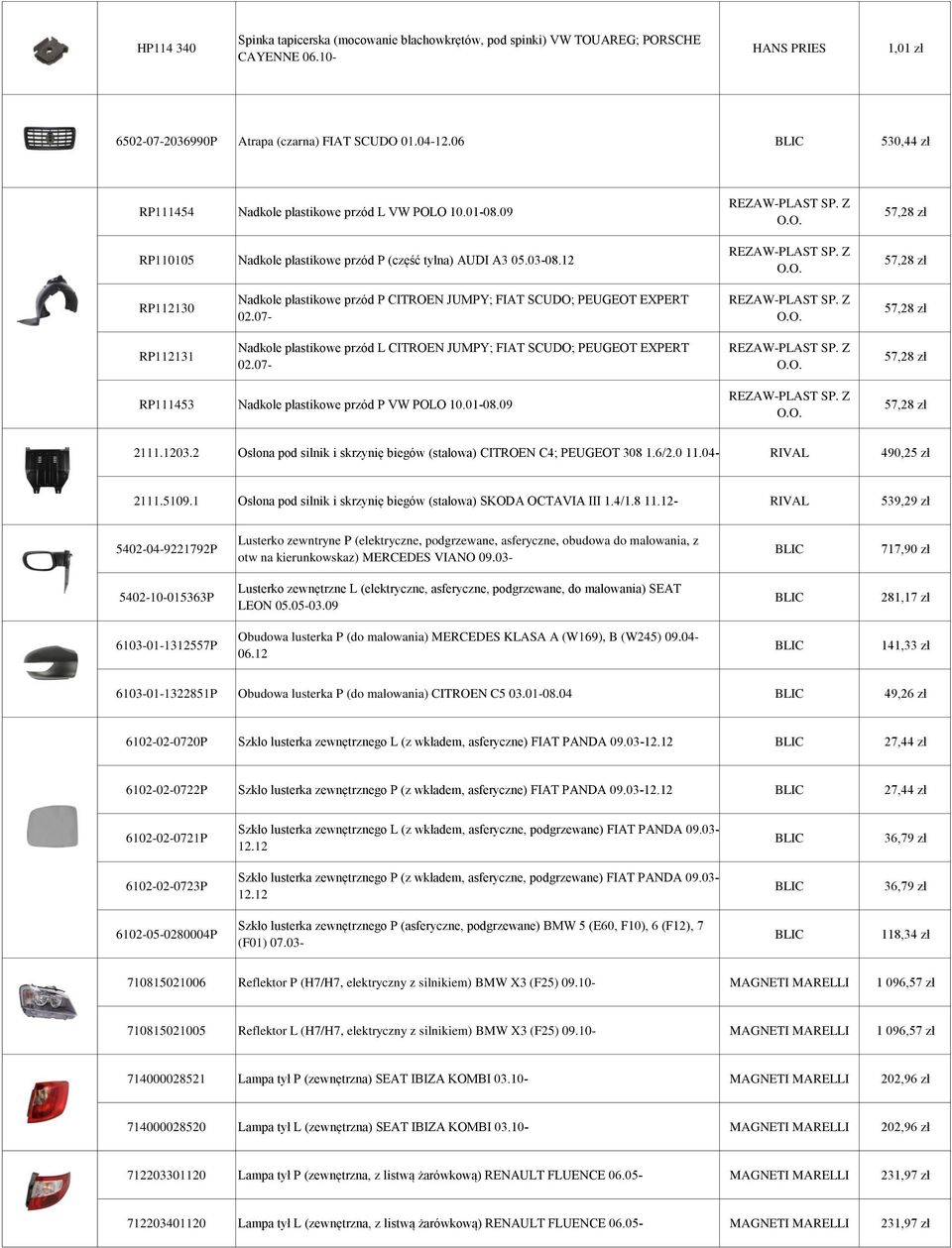 07- REZAW-PLAST SP. Z O.O. 57,28 zł RP112131 Nadkole plastikowe przód L CITROEN JUMPY; FIAT SCUDO; PEUGEOT EXPERT 02.07- REZAW-PLAST SP. Z O.O. 57,28 zł RP111453 Nadkole plastikowe przód P VW POLO 10.