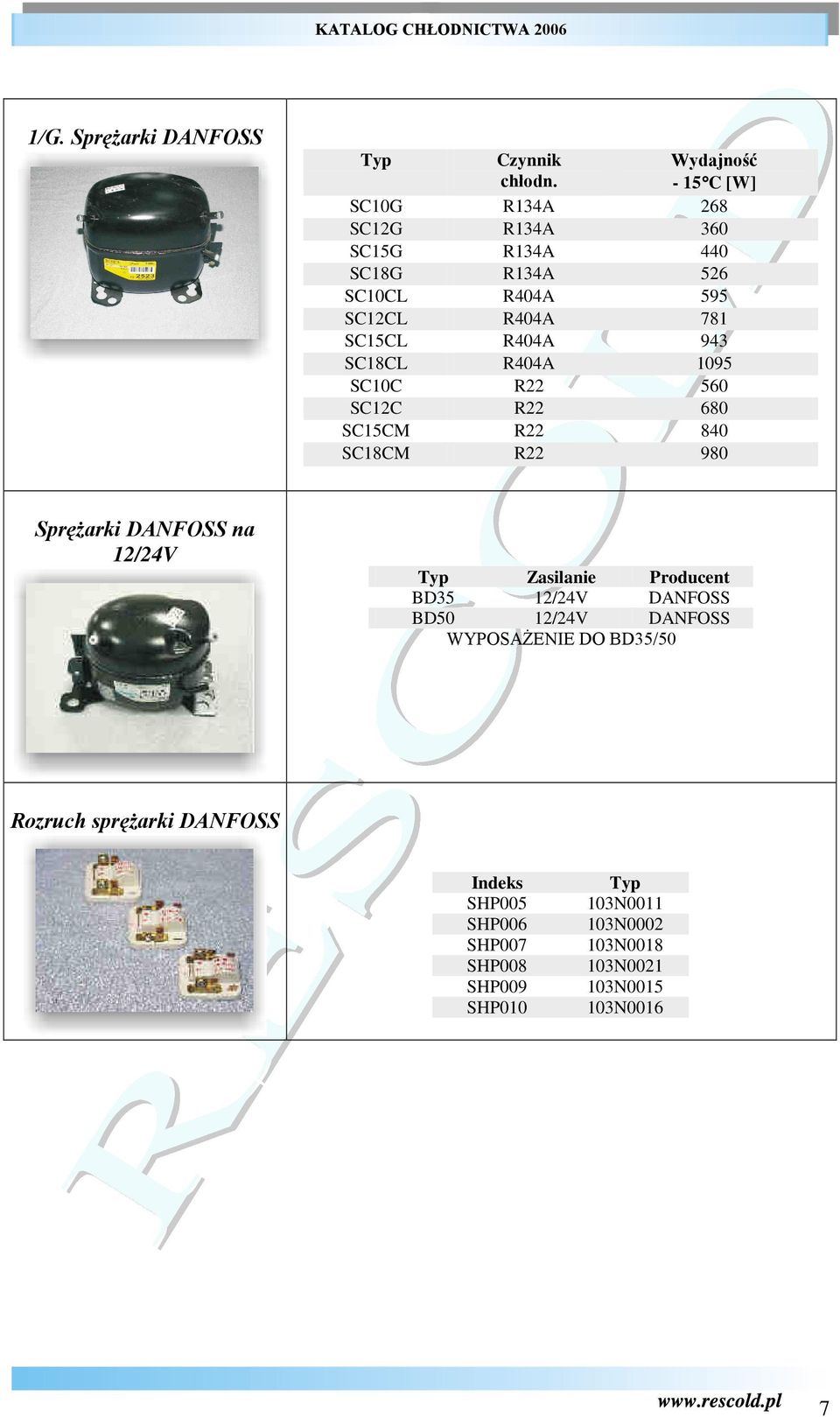R404A 943 SC18CL R404A 1095 SC10C R22 560 SC12C R22 680 SC15CM R22 840 SC18CM R22 980 SpręŜarki DANFOSS na 12/24V Typ