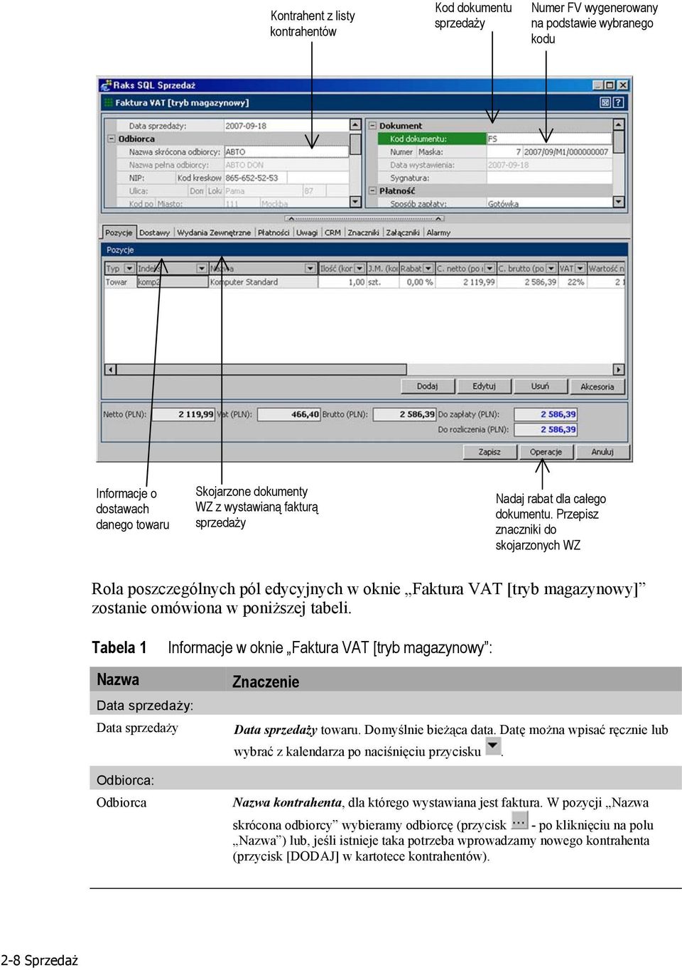 Tabela 1 Nazwa Data sprzedaży: Data sprzedaży Informacje w oknie Faktura VAT [tryb magazynowy : Znaczenie Data sprzedaży towaru. Domyślnie bieżąca data.