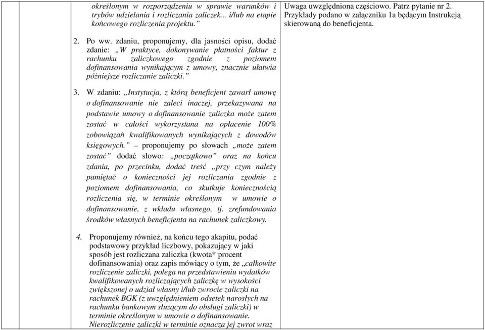 zdaniu, proponujemy, dla jasności opisu, dodać zdanie: W praktyce, dokonywanie płatności faktur z rachunku zaliczkowego zgodnie z poziomem dofinansowania wynikającym z umowy, znacznie ułatwia