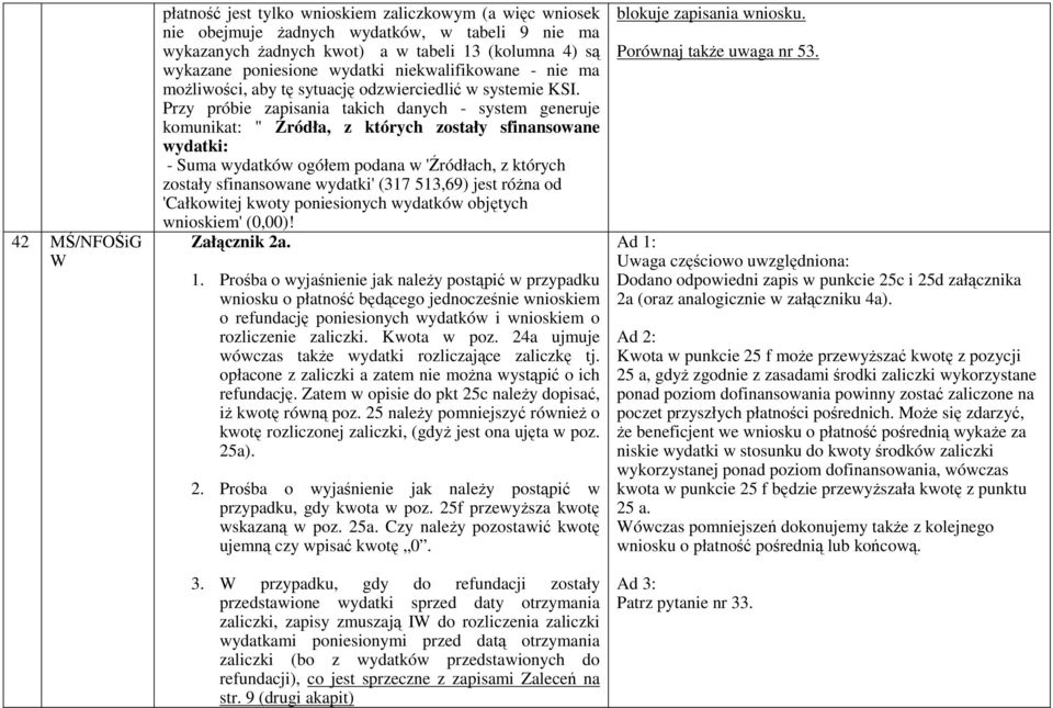 Przy próbie zapisania takich danych - system generuje komunikat: " Źródła, z których zostały sfinansowane wydatki: - Suma wydatków ogółem podana w 'Źródłach, z których zostały sfinansowane wydatki'