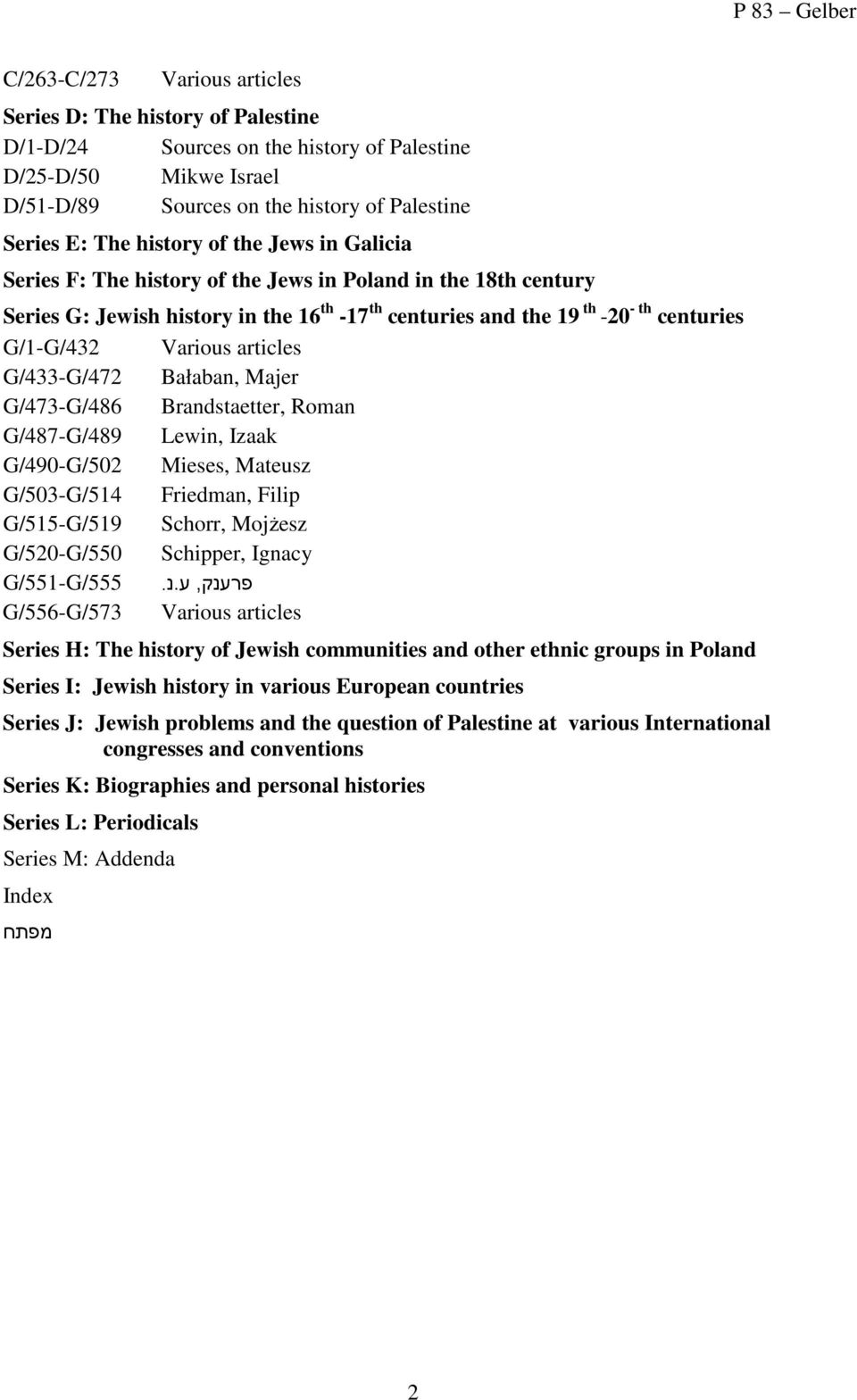 G/433-G/472 Bałaban, Majer G/473-G/486 Brandstaetter, Roman G/487-G/489 Lewin, Izaak G/490-G/502 Mieses, Mateusz G/503-G/54 Friedman, Filip G/55-G/59 Schorr, Mojżesz G/520-G/550 Schipper, Ignacy