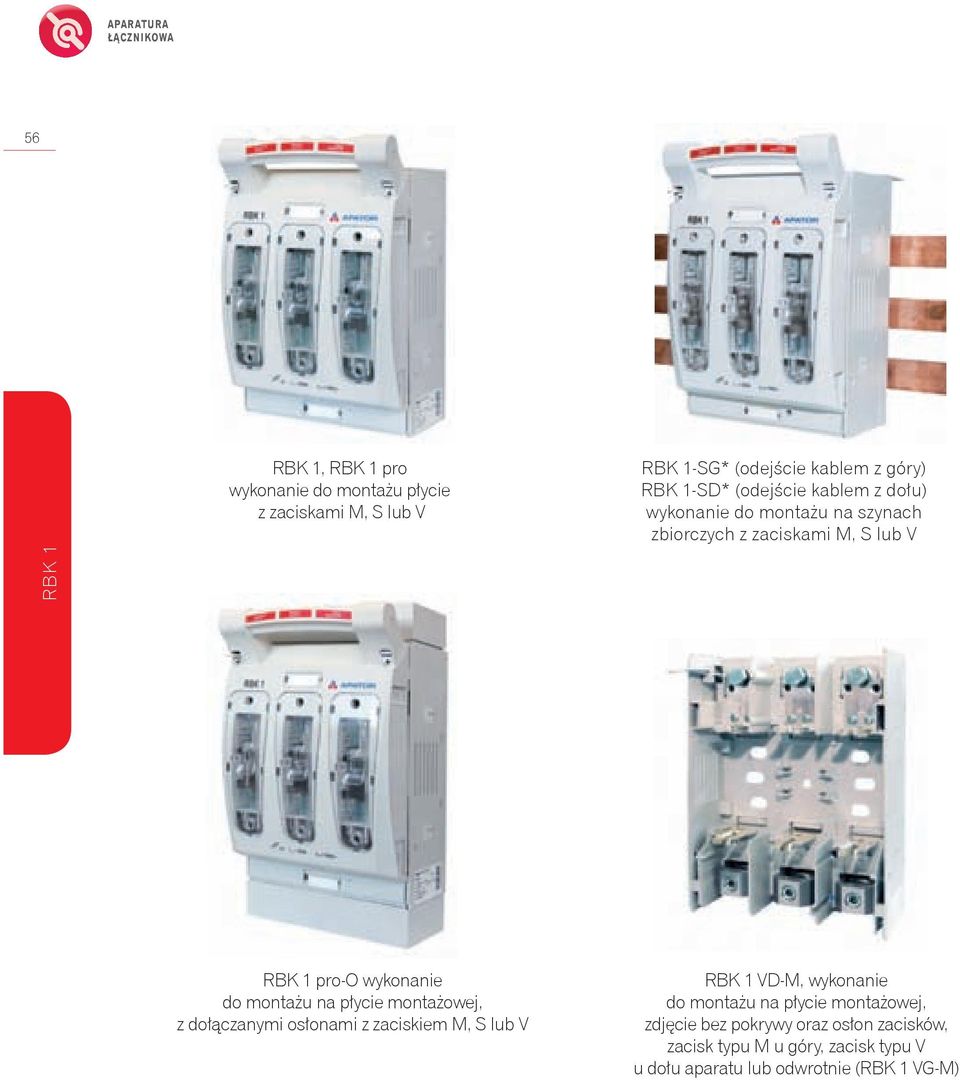 wykonanie do montażu na płycie montażowej, z dołączanymi osłonami z zaciskiem M, S lub V RBK 1 VD-M, wykonanie do montażu na