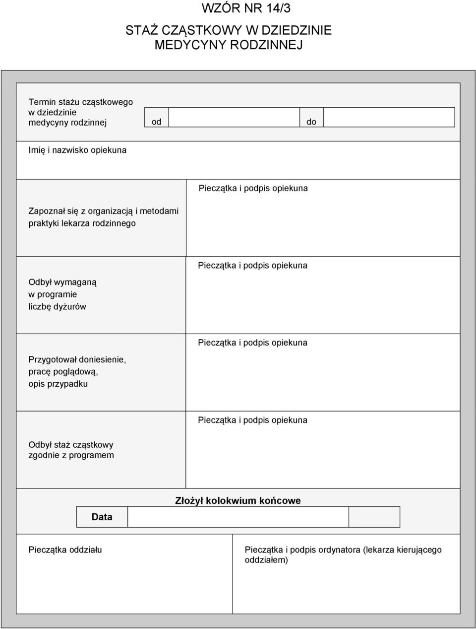 wymaganą w programie liczbę dyżurów Przygotował doniesienie, pracę poglądową, opis przypadku Odbył staż cząstkowy