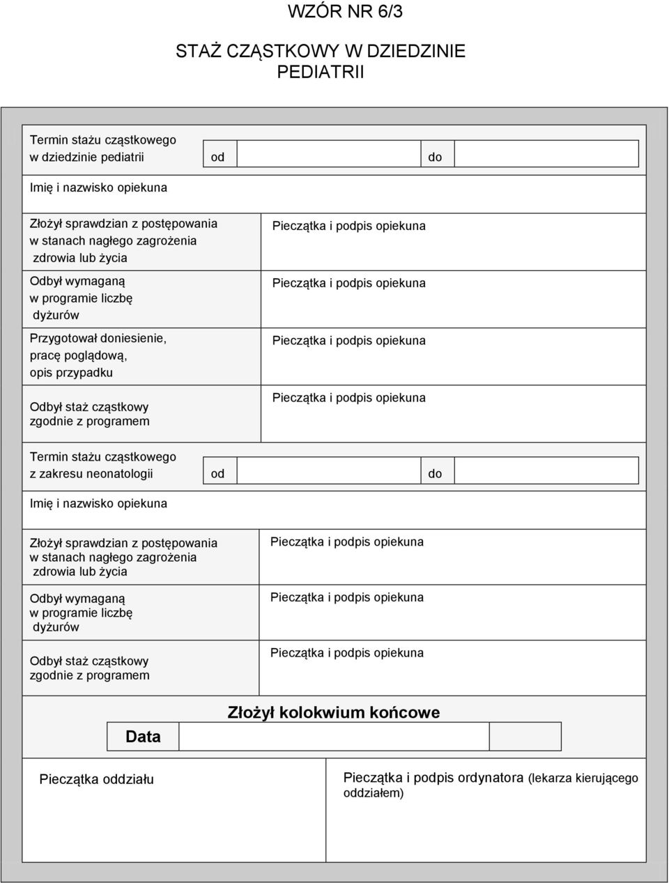 programem Termin stażu cząstkowego z zakresu neonatologii od do Imię i nazwisko opiekuna Złożył sprawdzian z postępowania w stanach nagłego zagrożenia zdrowia lub życia