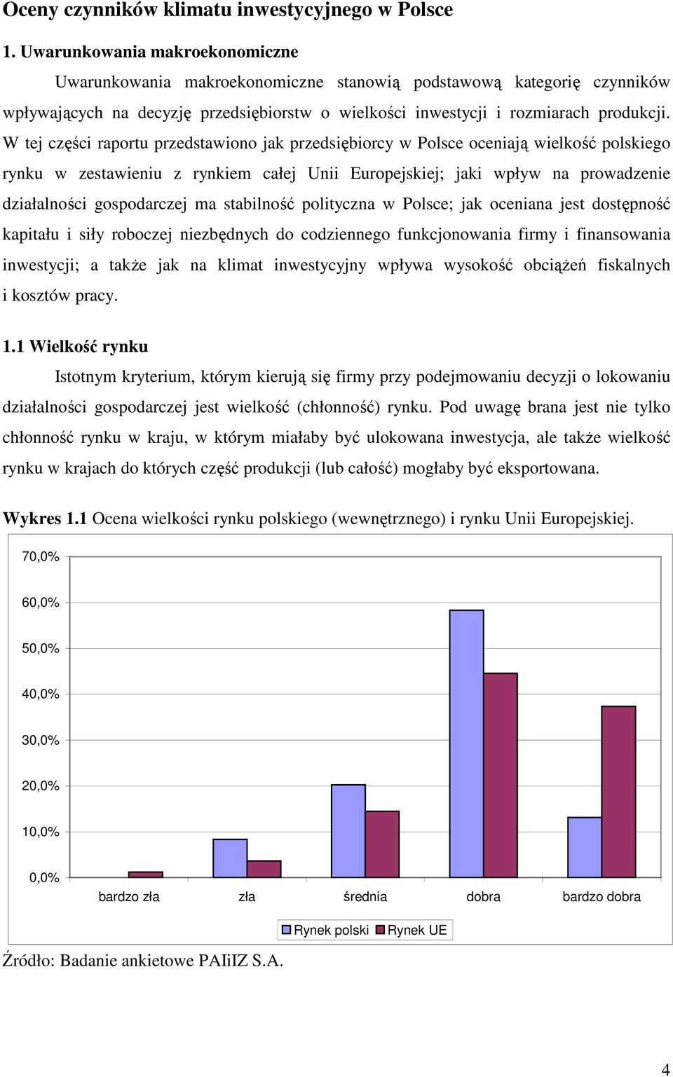 W tej części raportu przedstawiono jak przedsiębiorcy w Polsce oceniają wielkość polskiego rynku w zestawieniu z rynkiem całej Unii Europejskiej; jaki wpływ na prowadzenie działalności gospodarczej